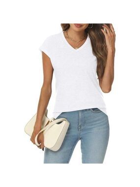 Women’s V Neck White T-Shirt – Basic Business Casual Top with Very Short Sleeves
